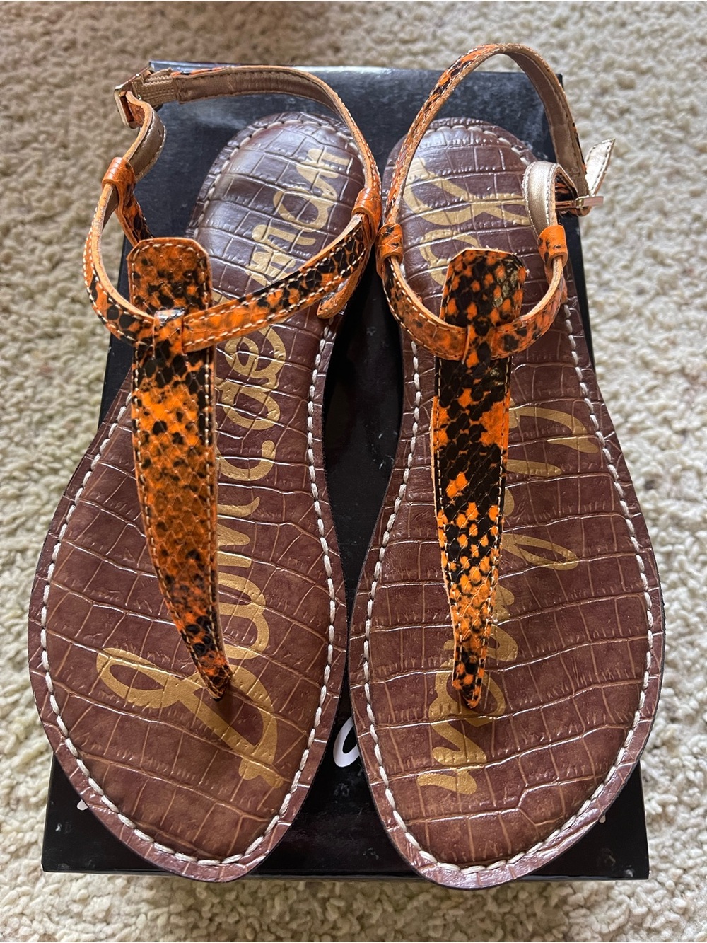 Sam Edelman Orange and Black Snake-Print T-Strap Sandals